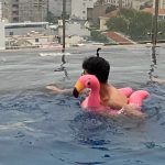 a-person-swimming-in-a-pool-with-a-pink-flamingo-f